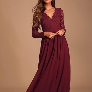 Lulu’s Awaken My Love Burgundy Long Sleeve Lace Maxi Dress